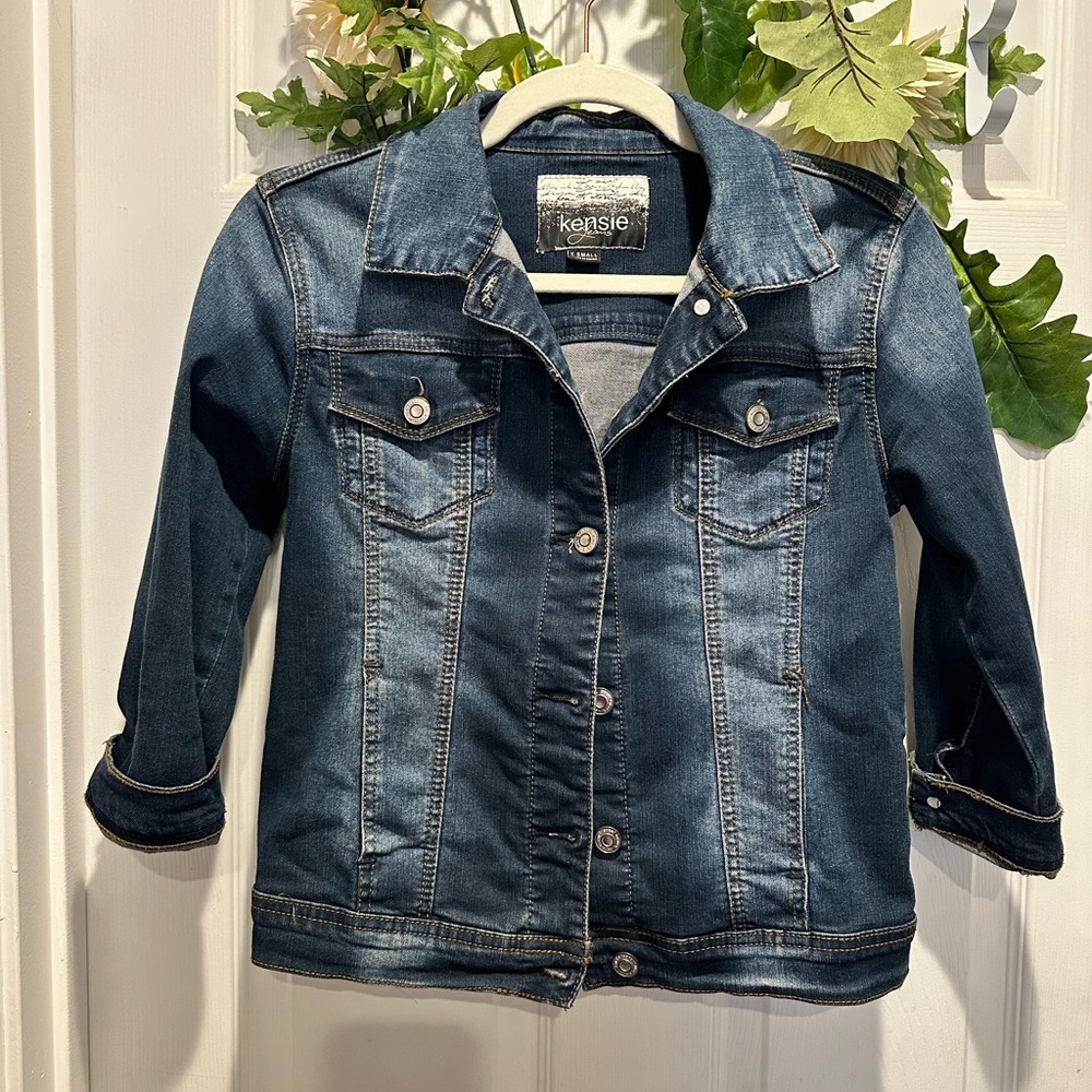 Kensie Womens Dark Blue 3/4 Sleeve Denim Jean Jacket